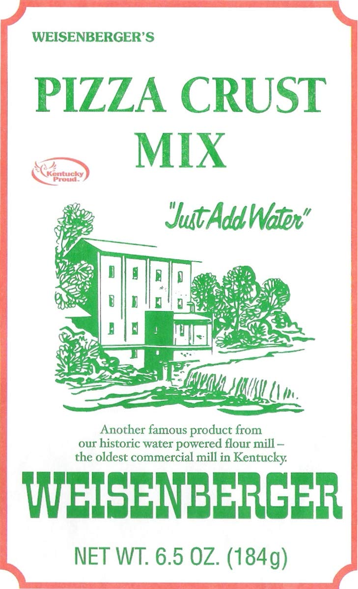 Weisenberger pizza crust mix 6.5 oz package on counter for quick pizza prep.