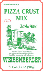 Weisenberger pizza crust mix 6.5 oz package on counter for quick pizza prep.