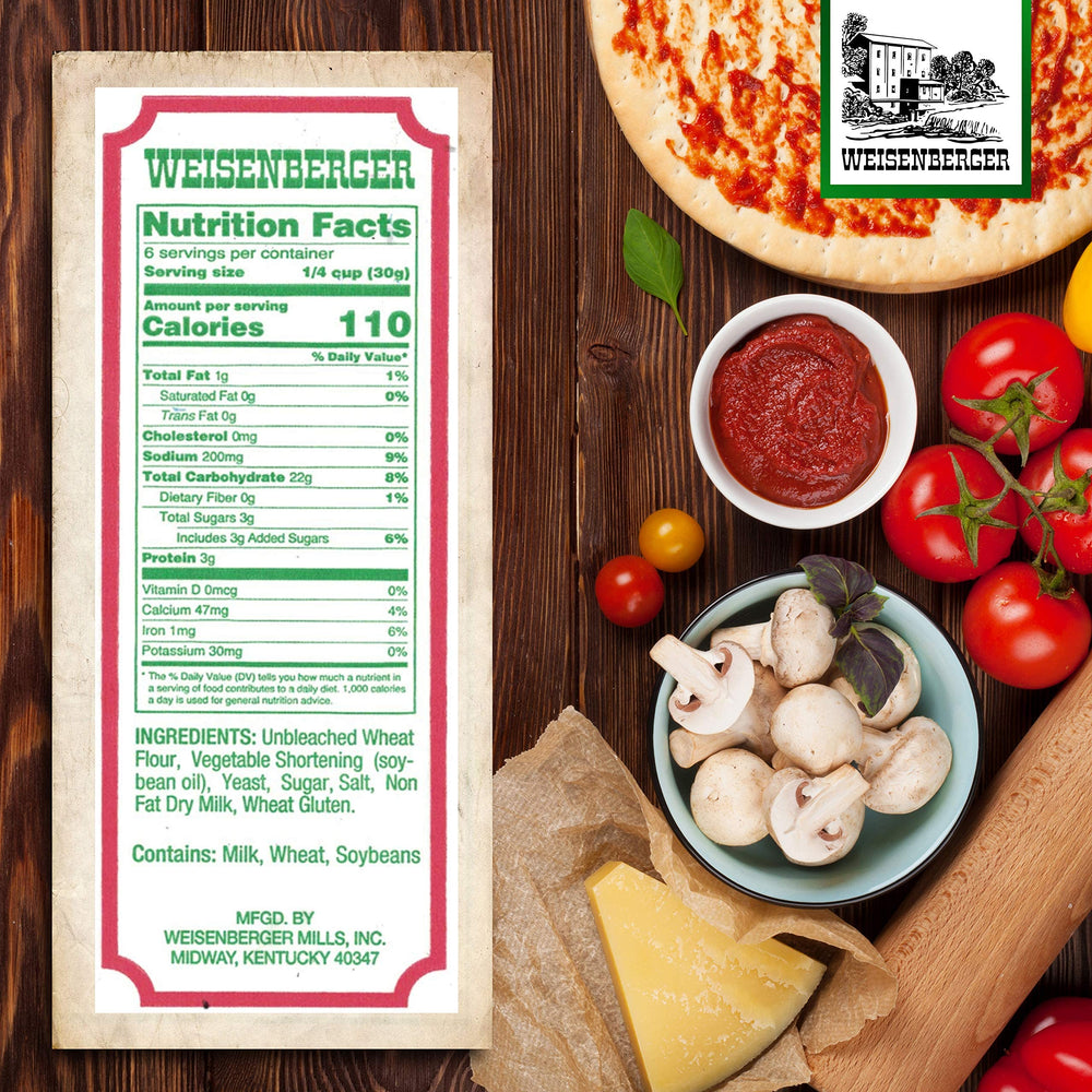 Weisenberger Pizza Crust Mix ingredients laid out for fresh dough