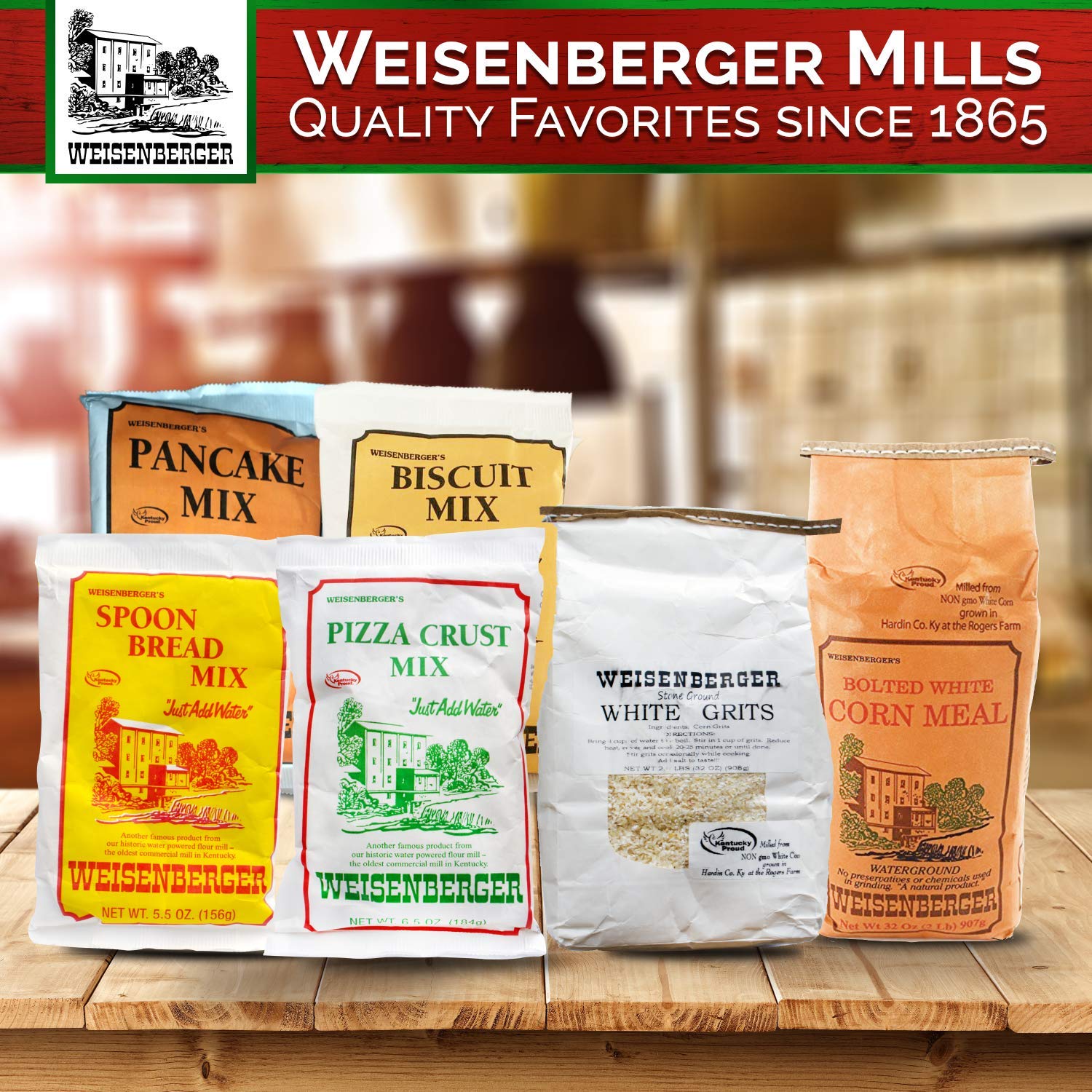 Weisenberger Pizza Crust Mix packaging highlighting fresh ingredients