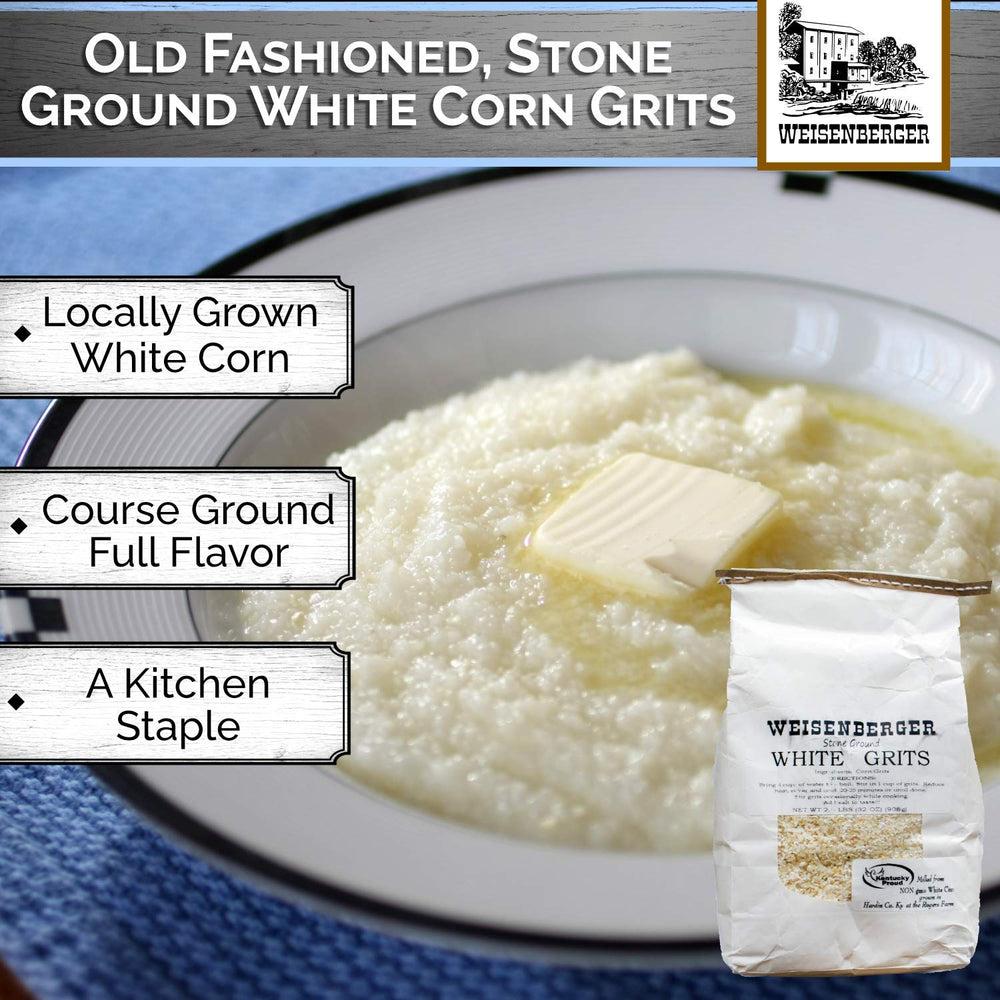 Close-up of Weisenberger White Grits texture highlighting stone-ground quality