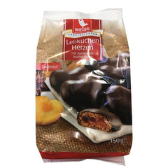 Weiss filled gingerbread heart with apricot center and dark chocolate coating.