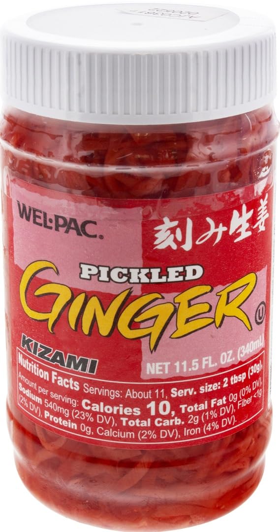 Wel-Pac Kizami Shoga pickled ginger bottle on shelf, convenient pantry staple for sushi and cooking.