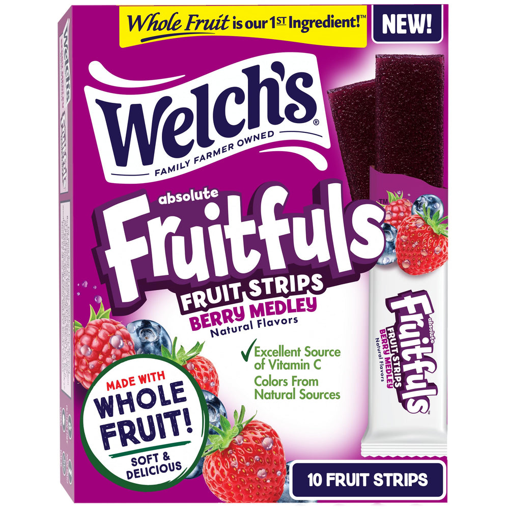 Welch's Absolute Fruitfuls Berry Medley packaging for on-the-go snacking.