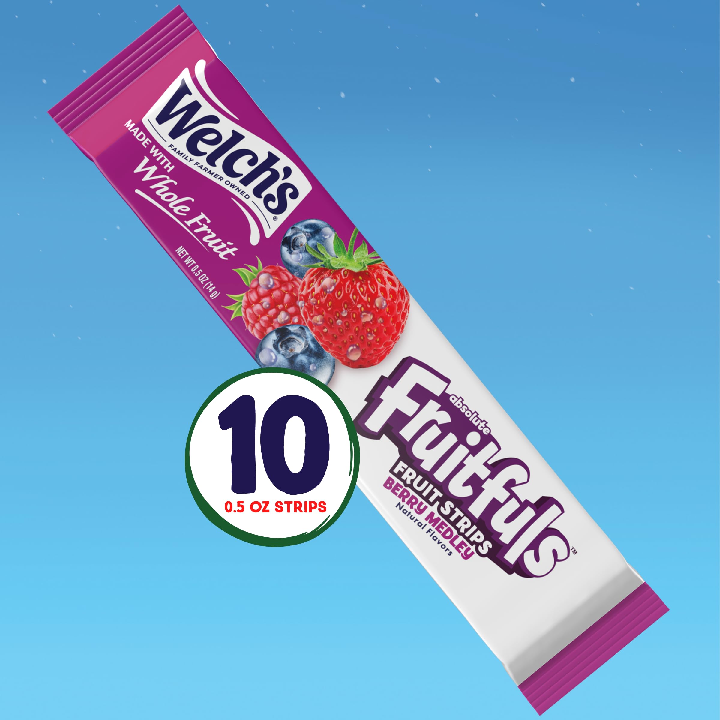 Welch's Absolute Fruitfuls Berry Medley strips ready for school lunchboxes.