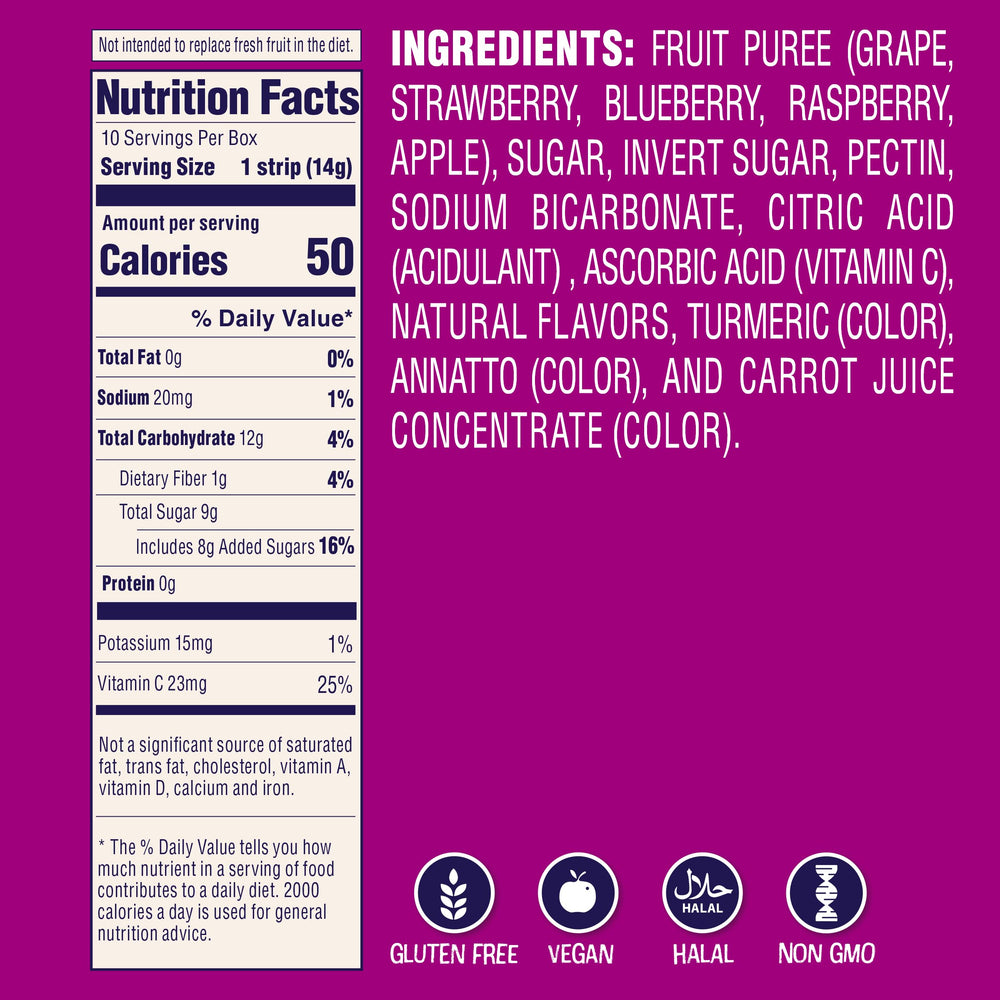 Close-up of Welch's Absolute Fruitfuls Berry Medley strips showing soft, non-sticky texture.