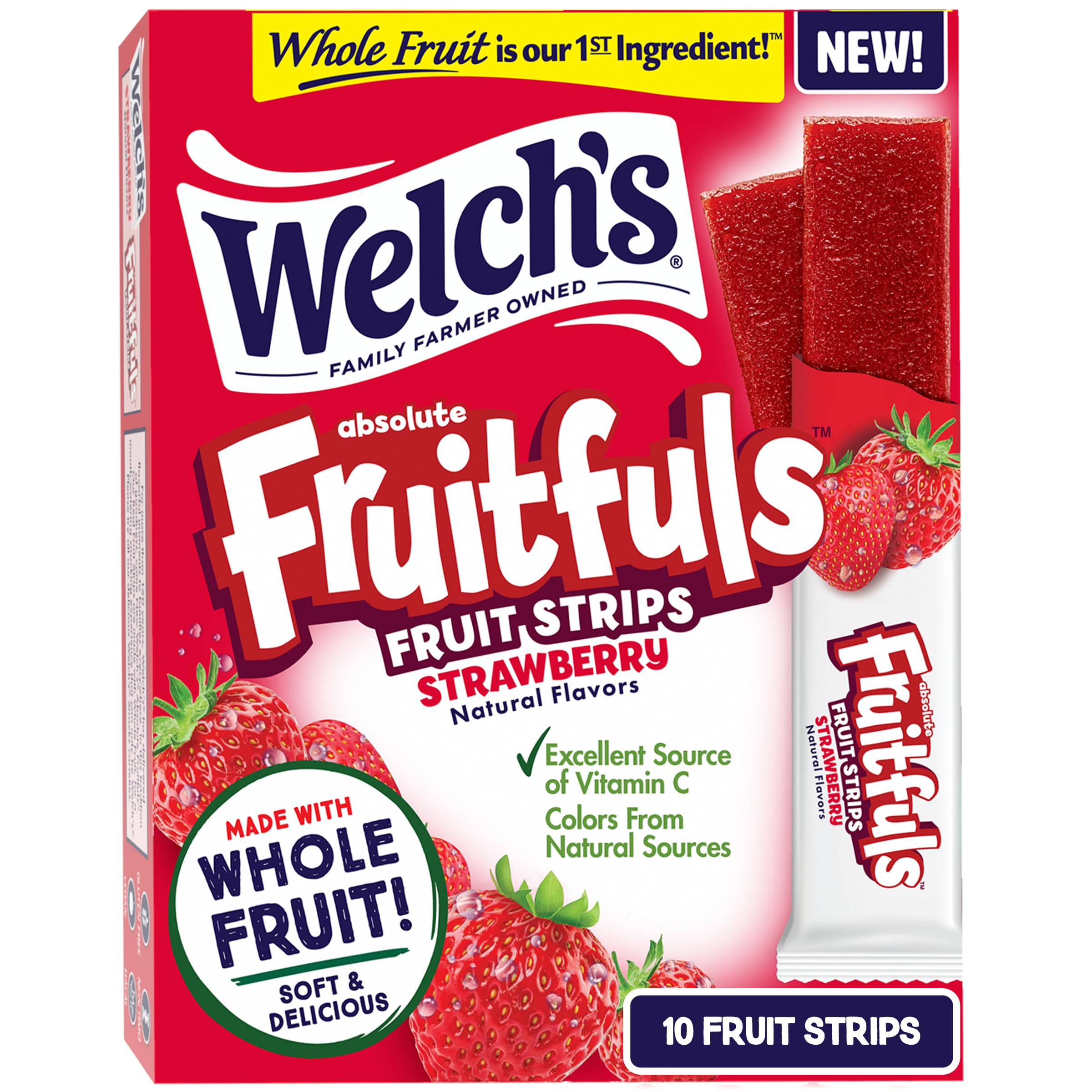 Welch's Absolute Fruitfuls strawberry strip 10-pack, ideal for lunchboxes.