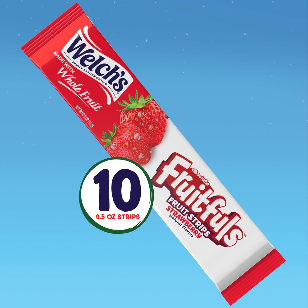Close-up of Welch's Fruitfuls strawberry strip showing soft texture and bright color.