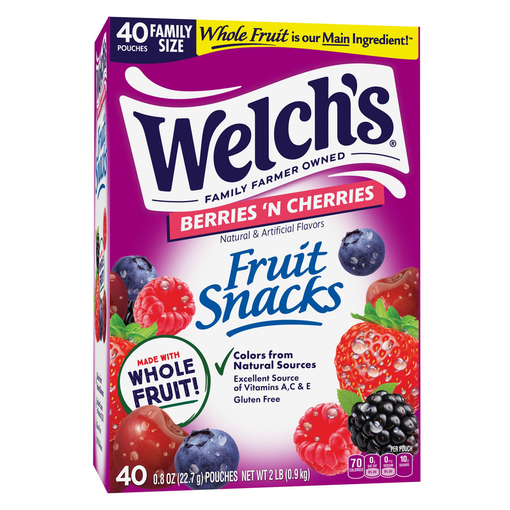 Welch's Berries N Cherries snack box front view showing 40 packs for sharing