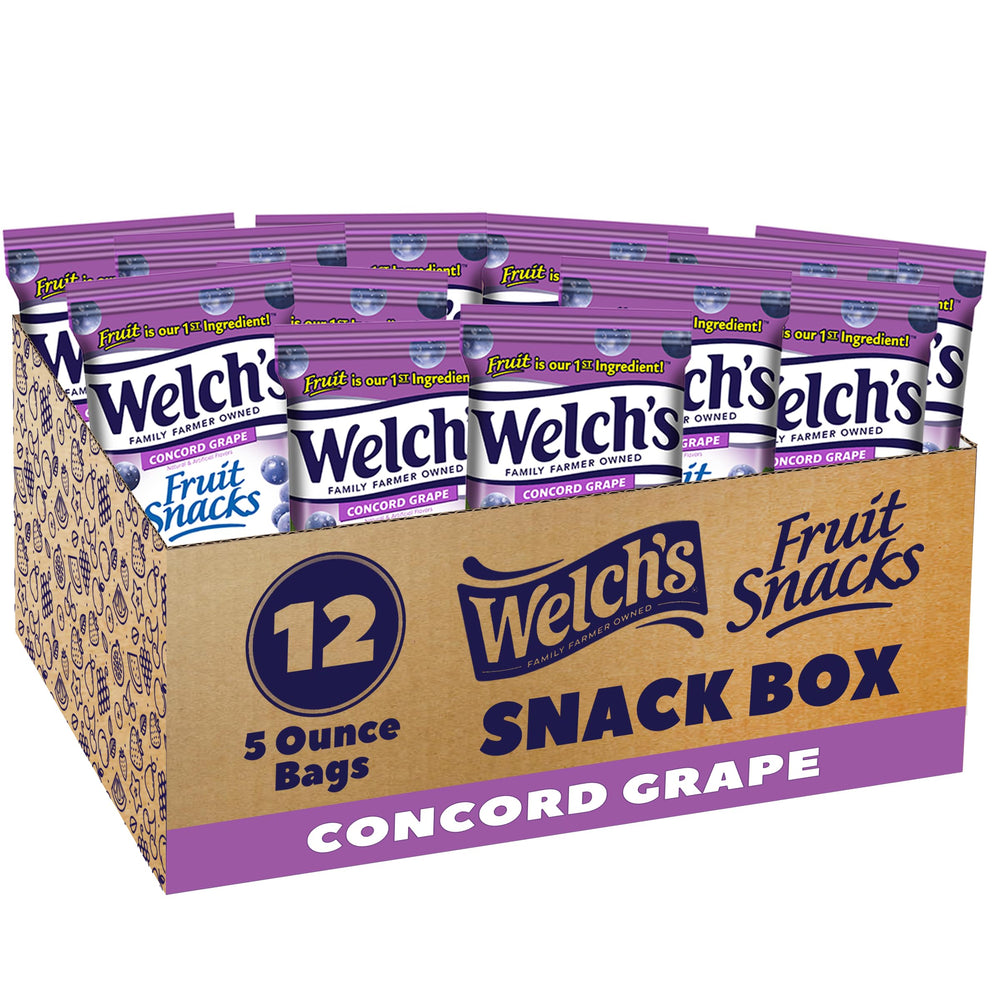 Welch's Concord Grape snack box with 12 packs, gluten-free and convenient for school days