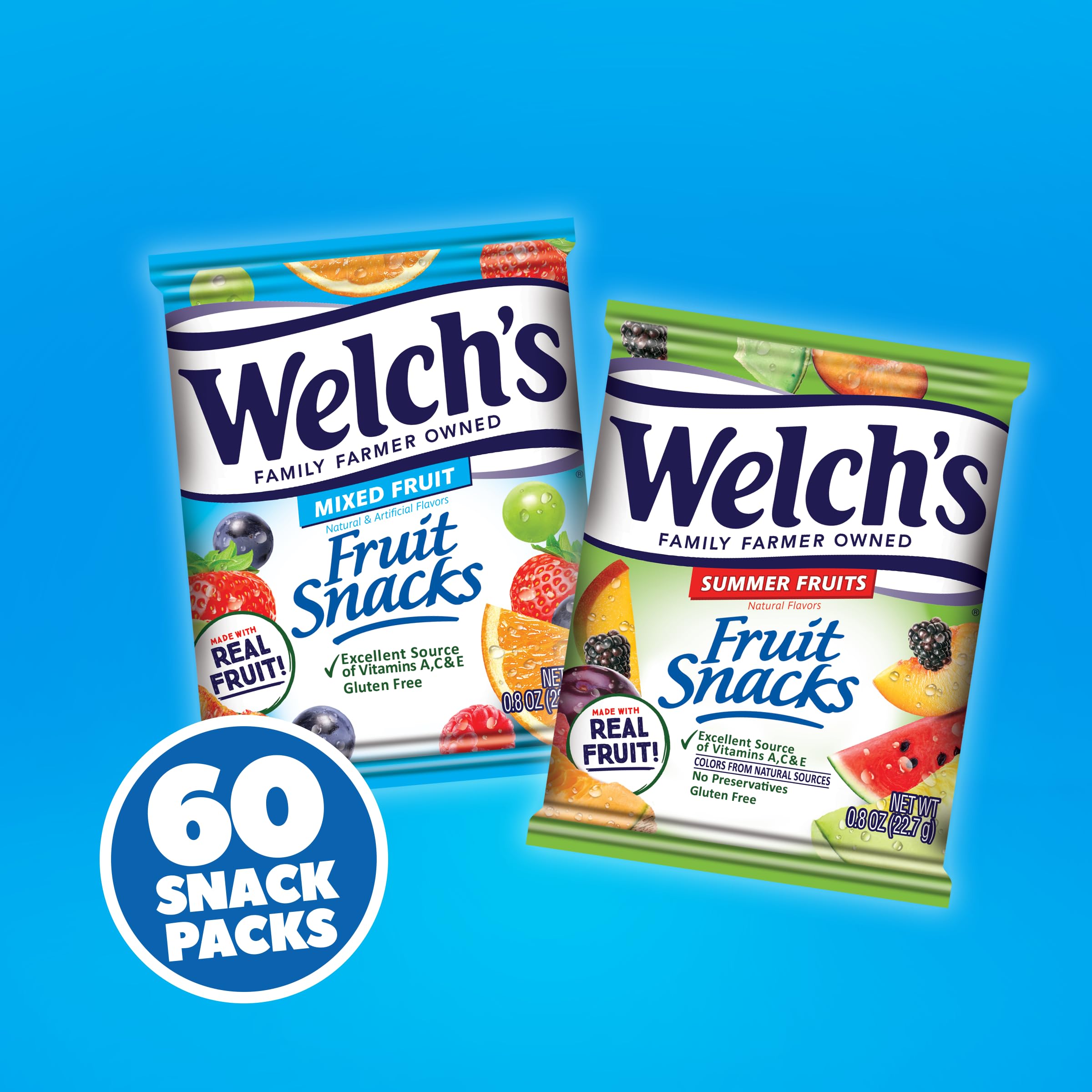 Welch's Fruit Snacks 0.8 oz single-serve packs; portioned for lunchboxes.