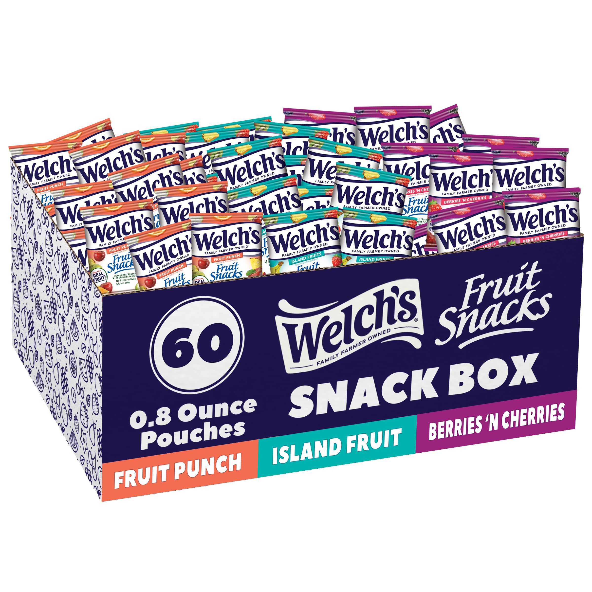 Welch's Fruit Snacks 60-pack gluten-free display for family snacking.
