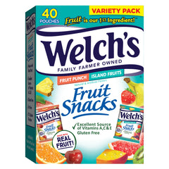 Welch's Fruit Snacks fruit punch close-up bag showing real fruit first ingredient, great for kids' lunches.
