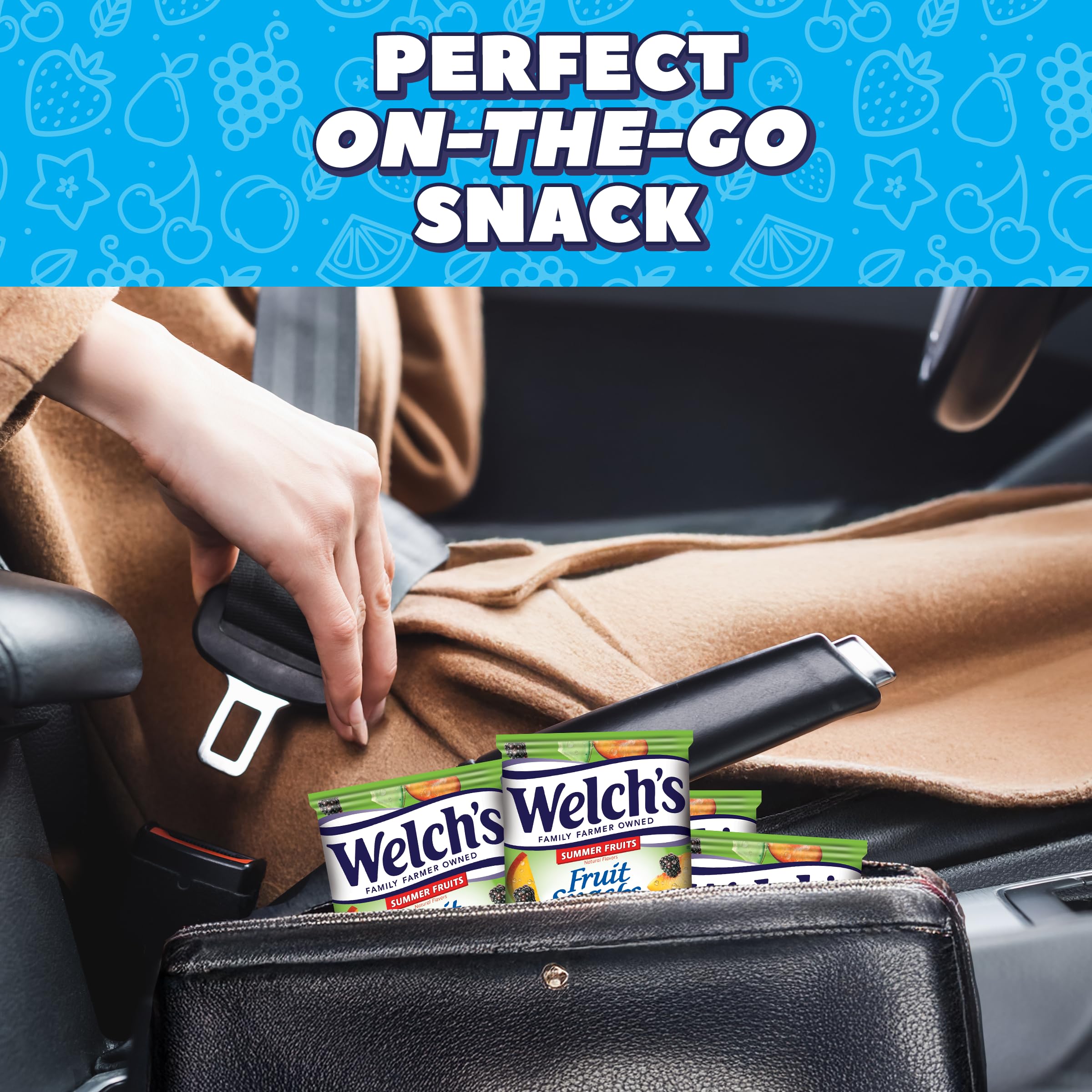 Welch's Fruit Snacks individually portioned packs; mess-free on-the-go use.