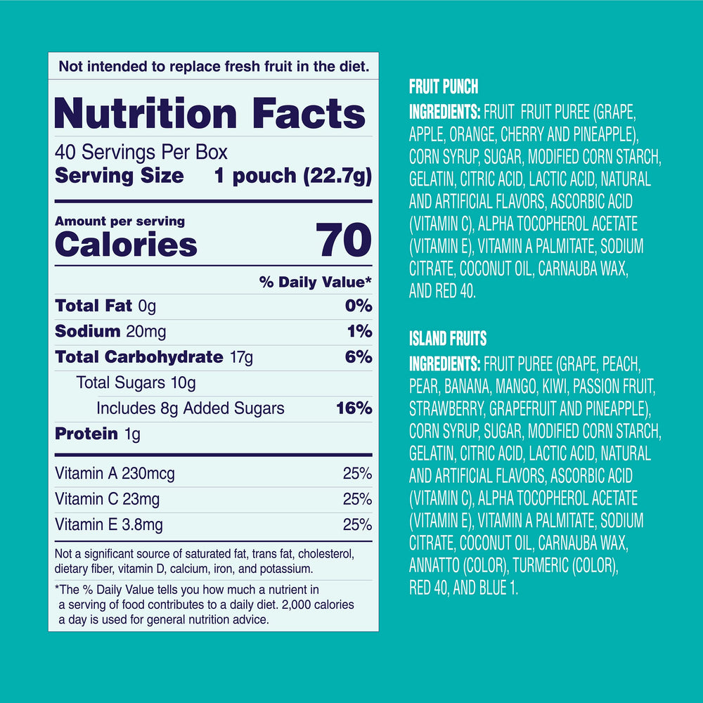 Welch's Fruit Snacks island fruits close-up bag highlights vibrant flavors for on-the-go snacking anywhere.