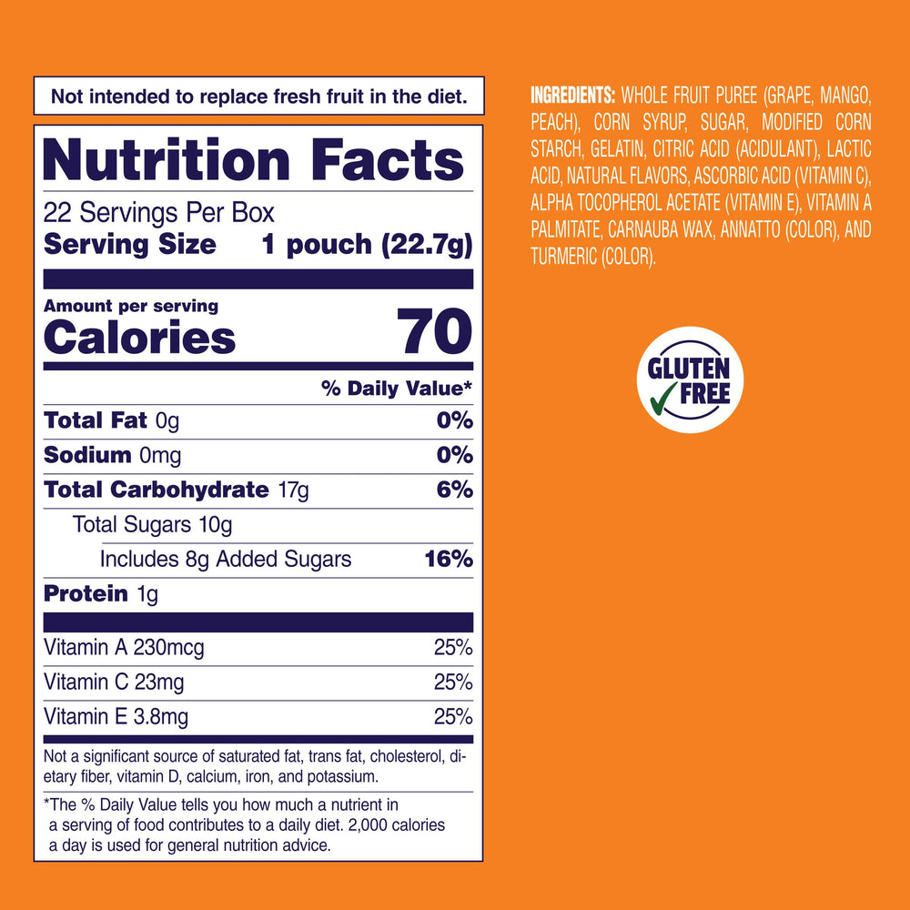 Welch's Mango Peach 5oz pack closeup showing soft chewy texture for kids.