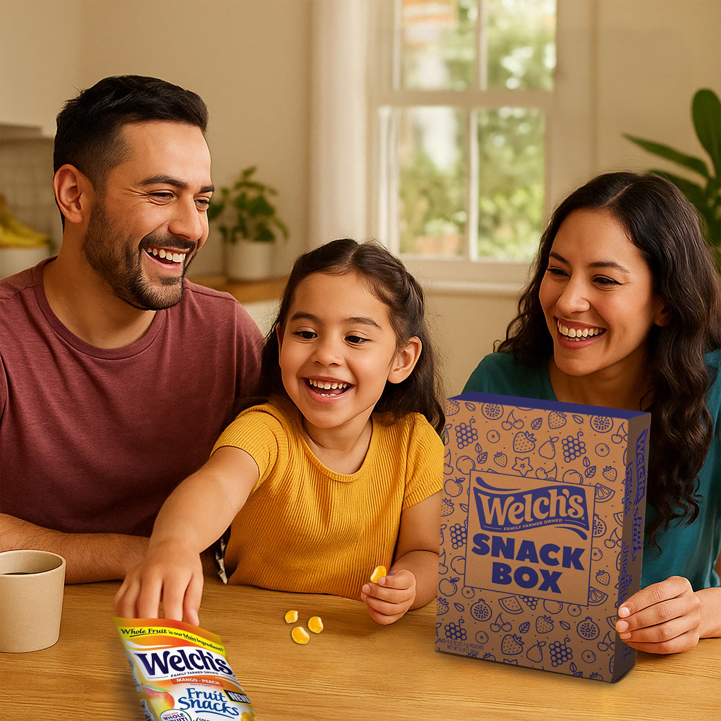 Welch's Mango Peach nutrition panel highlighting vitamins C, A & E.