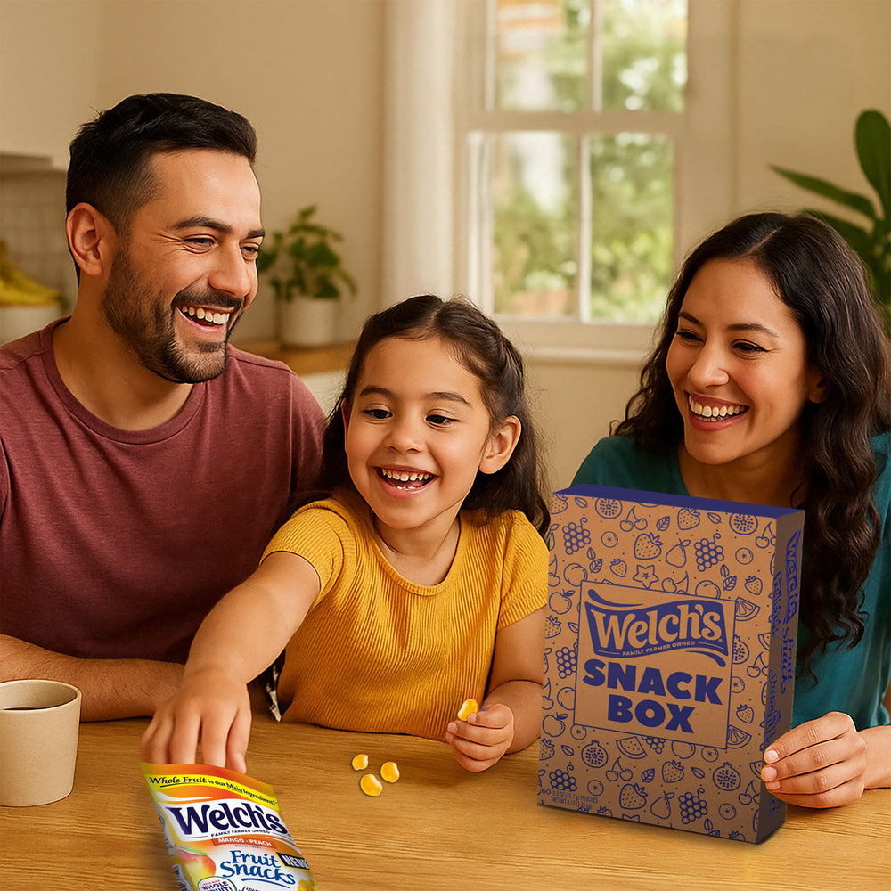 Welch's Mango Peach nutrition panel highlighting vitamins C, A & E.