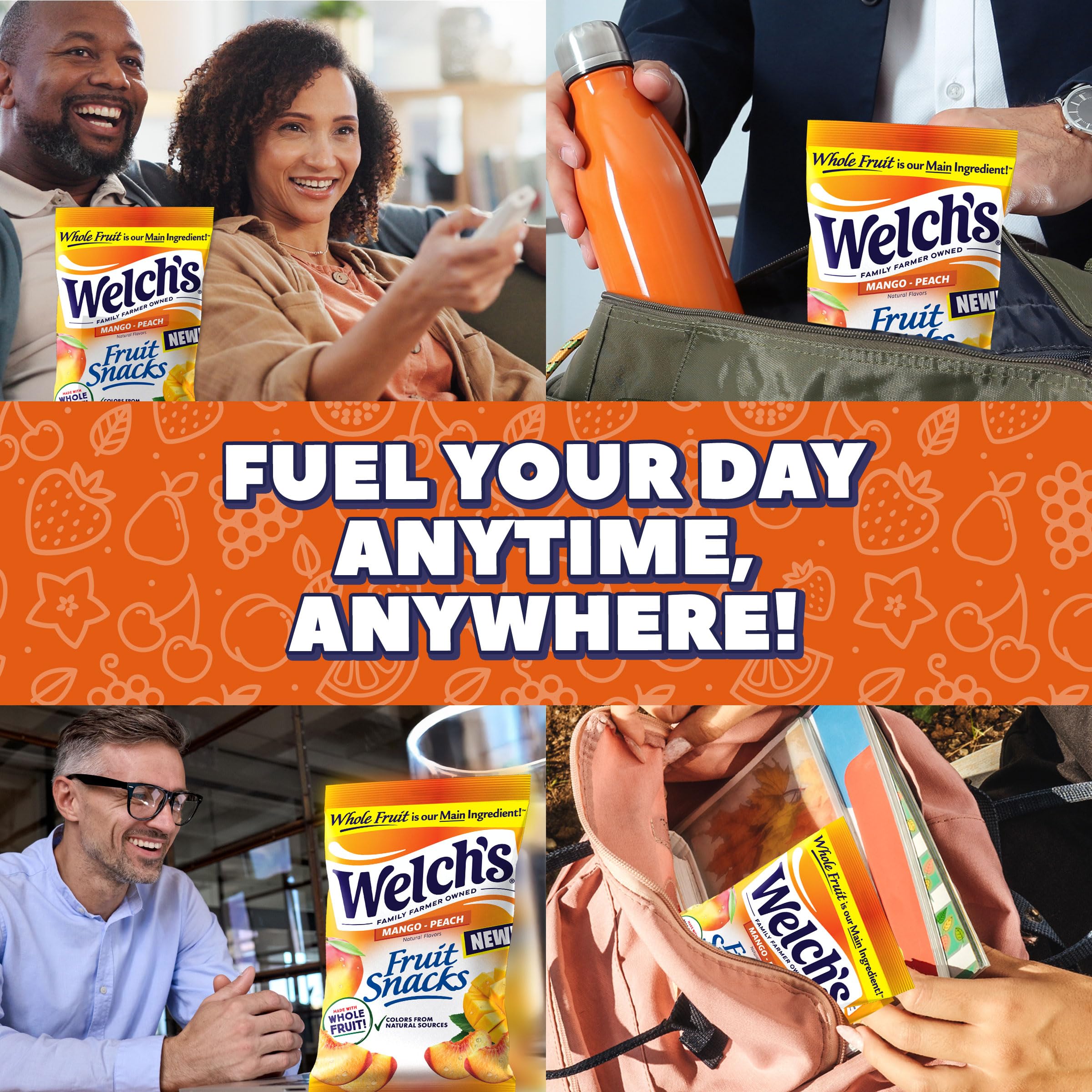 Welch's Mango Peach open pack showing colorful shapes to entice kids.