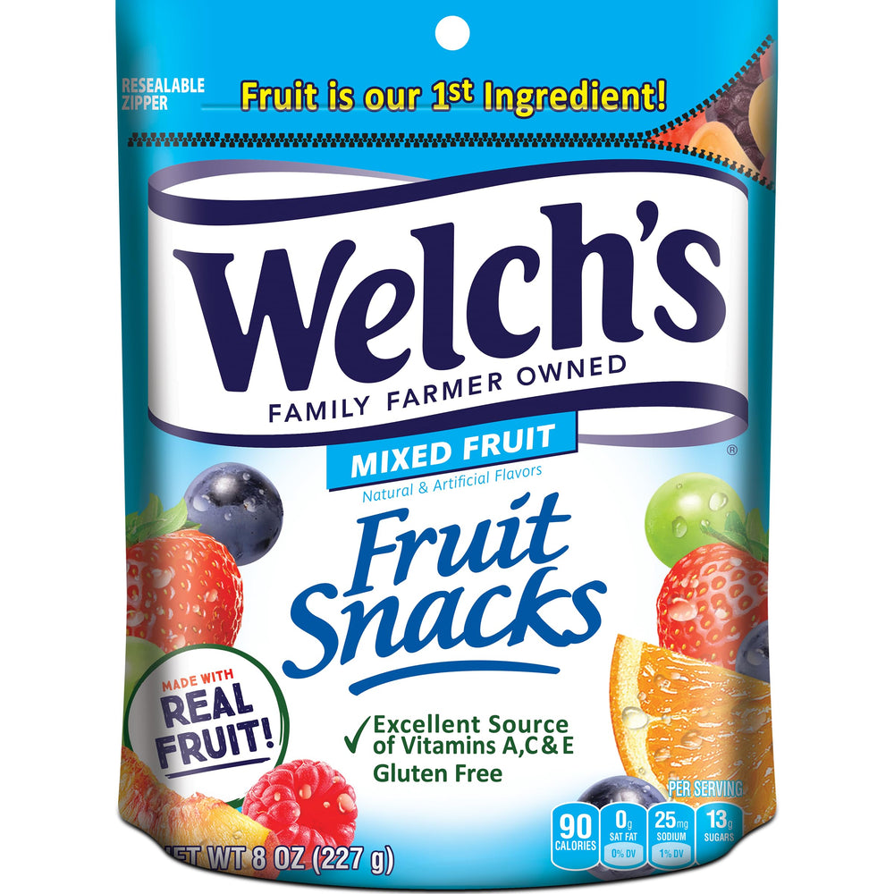Welch's Mixed Fruit Snacks bag, convenient shareable treat with real fruit first ingredient.