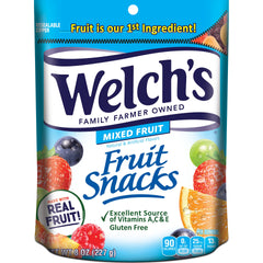 Welch's Mixed Fruit Snacks bag, convenient shareable treat with real fruit first ingredient.