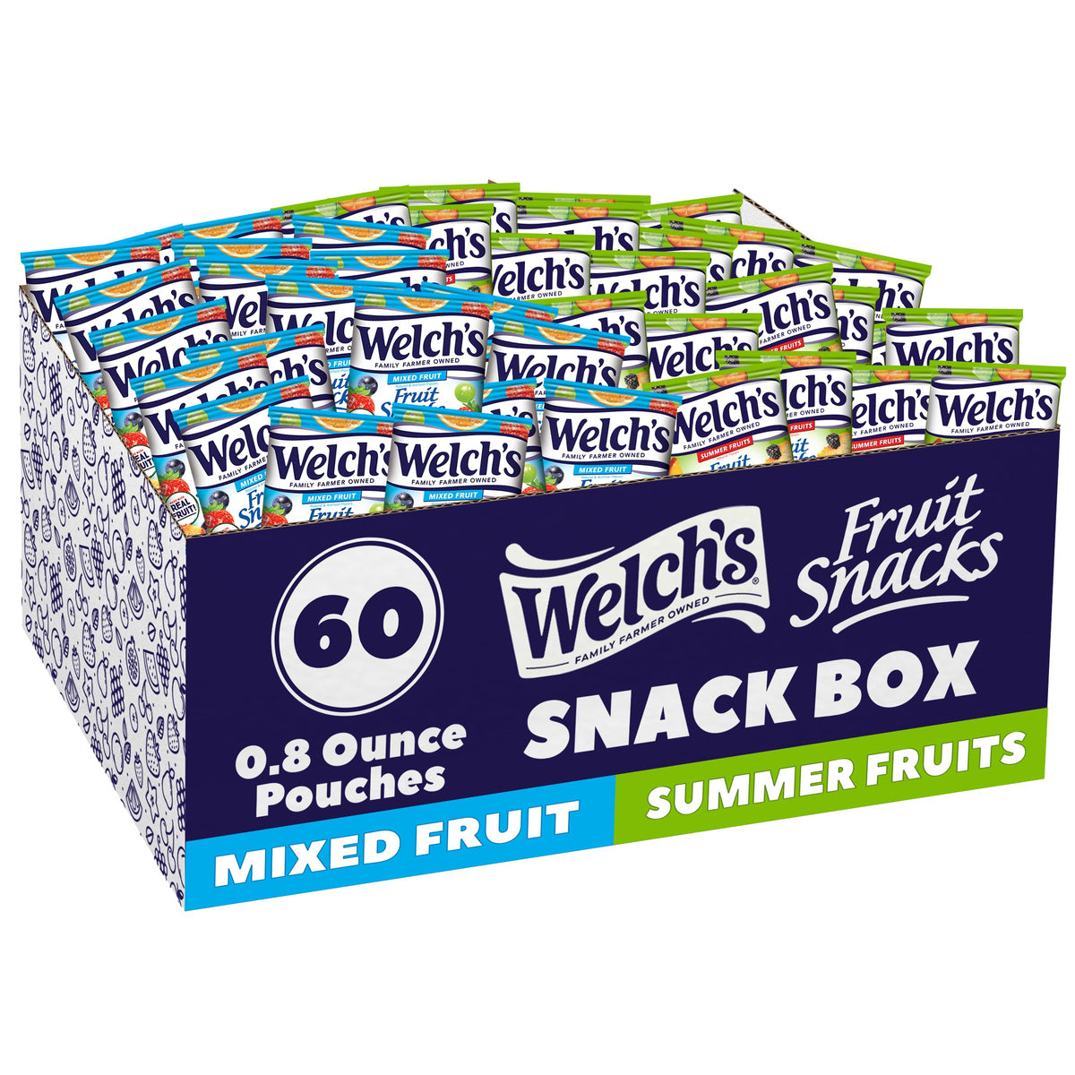 Welch's Fruit Snacks mixed-fruit bag; colorful shapes for school lunches.