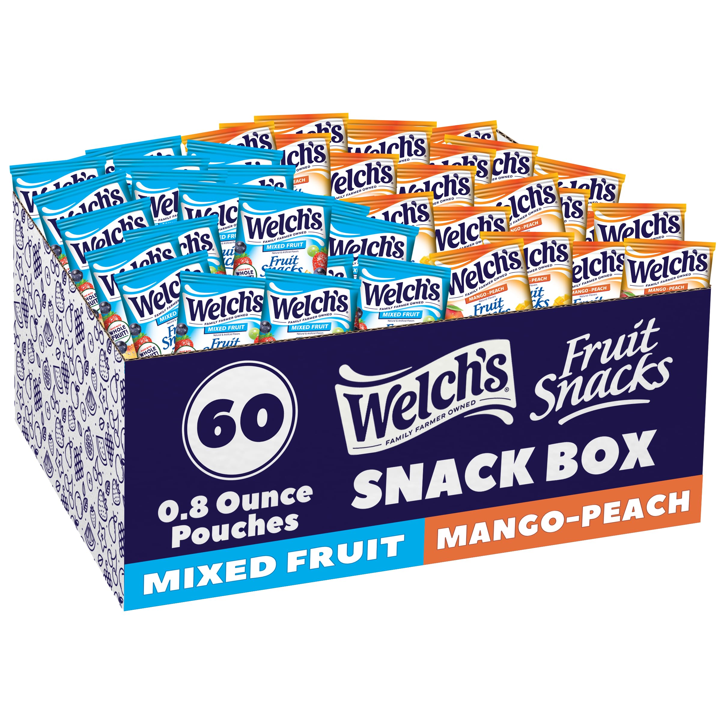 Welch's Fruit Snacks box with mixed fruit and mango peach for family snacking.