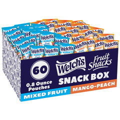 Welch's Fruit Snacks box with mixed fruit and mango peach for family snacking.
