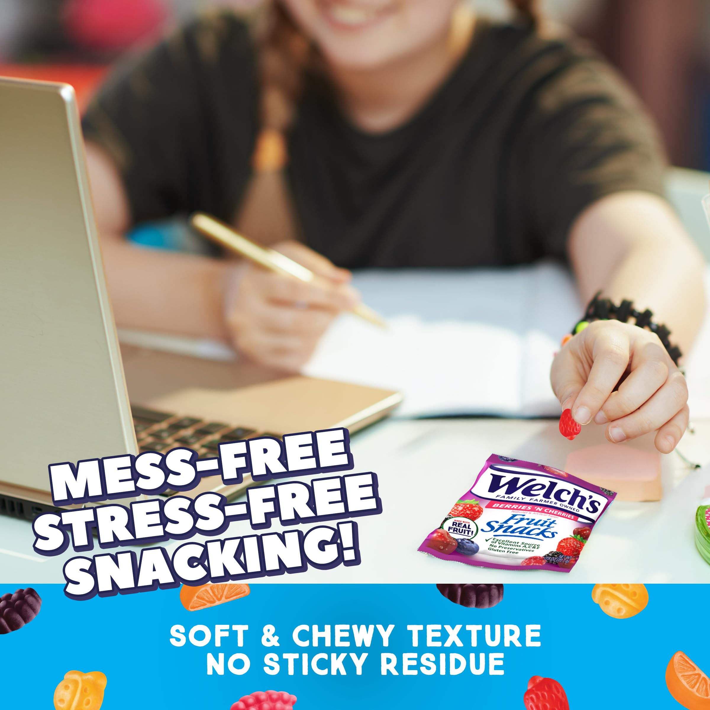 Welch's Fruit Snacks brightens snack time with colorful, tasty shapes.