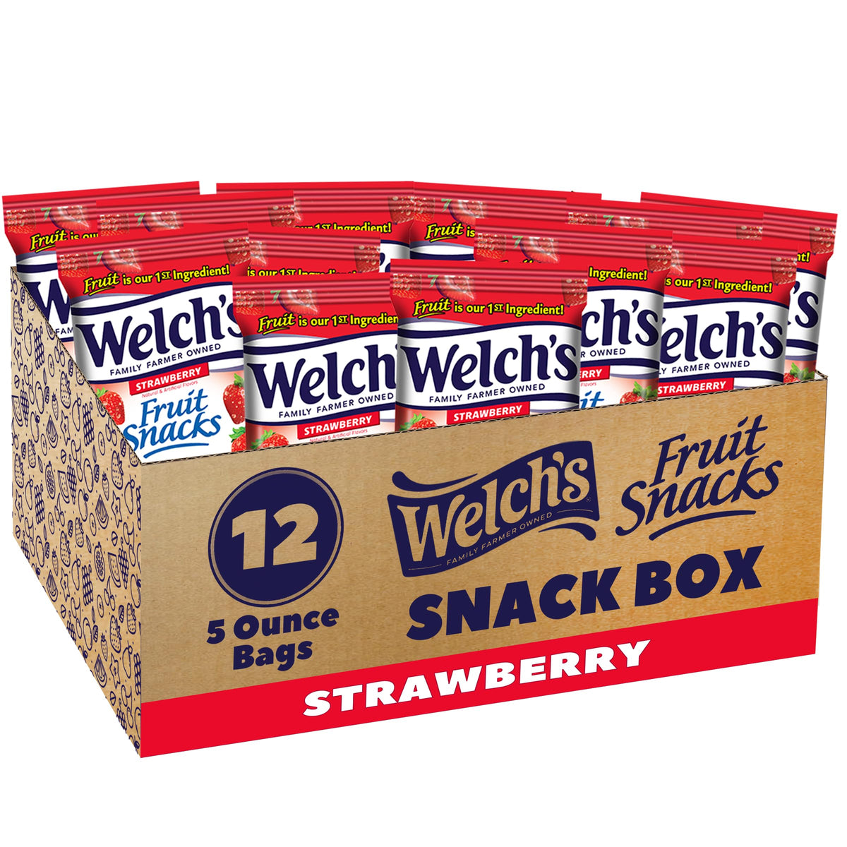 Welch's Strawberry Fruit Snacks 5oz bag, convenient for school lunches.