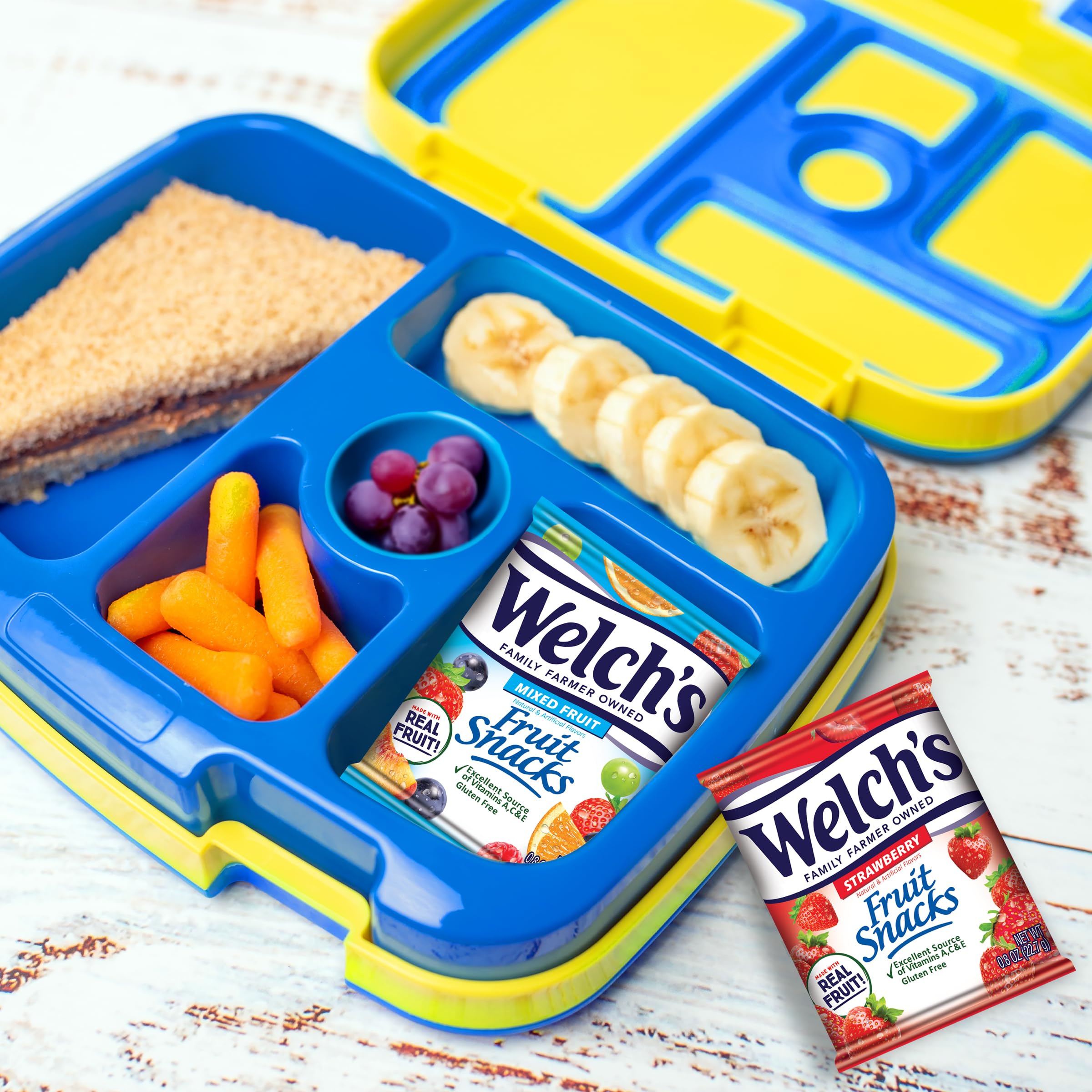 Welch's Fruit Snacks highlight whole-fruit ingredients in chewy bites.