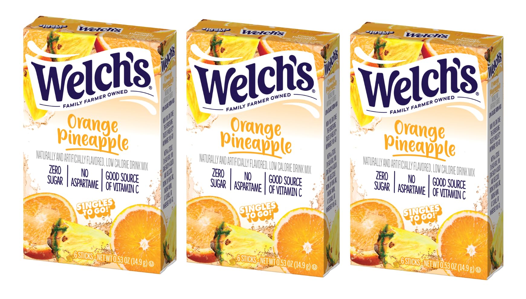Welch's Orange Pineapple Drink Mix pack shown for on-the-go refreshment.