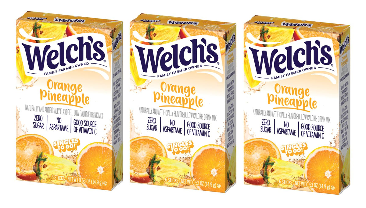 Welch's Orange Pineapple Drink Mix pack shown for on-the-go refreshment.