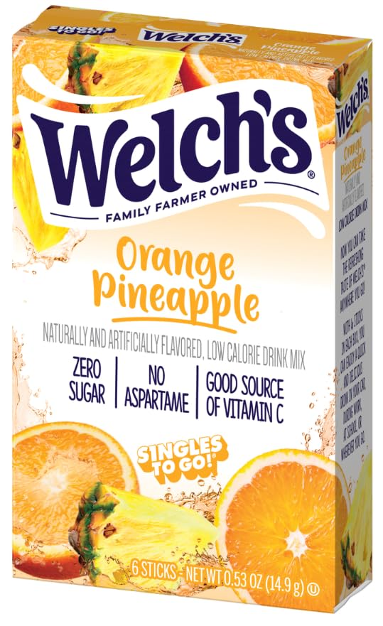 Welch's drink mix being poured into water for a tropical beverage.