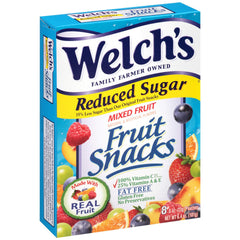 Welch's reduced sugar mixed fruit snacks box, gluten-free and fat-free, with real fruit