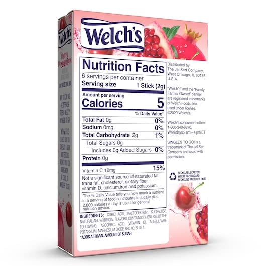 Welch's Singles To Go cherry pomegranate packets enable easy mixing in water.
