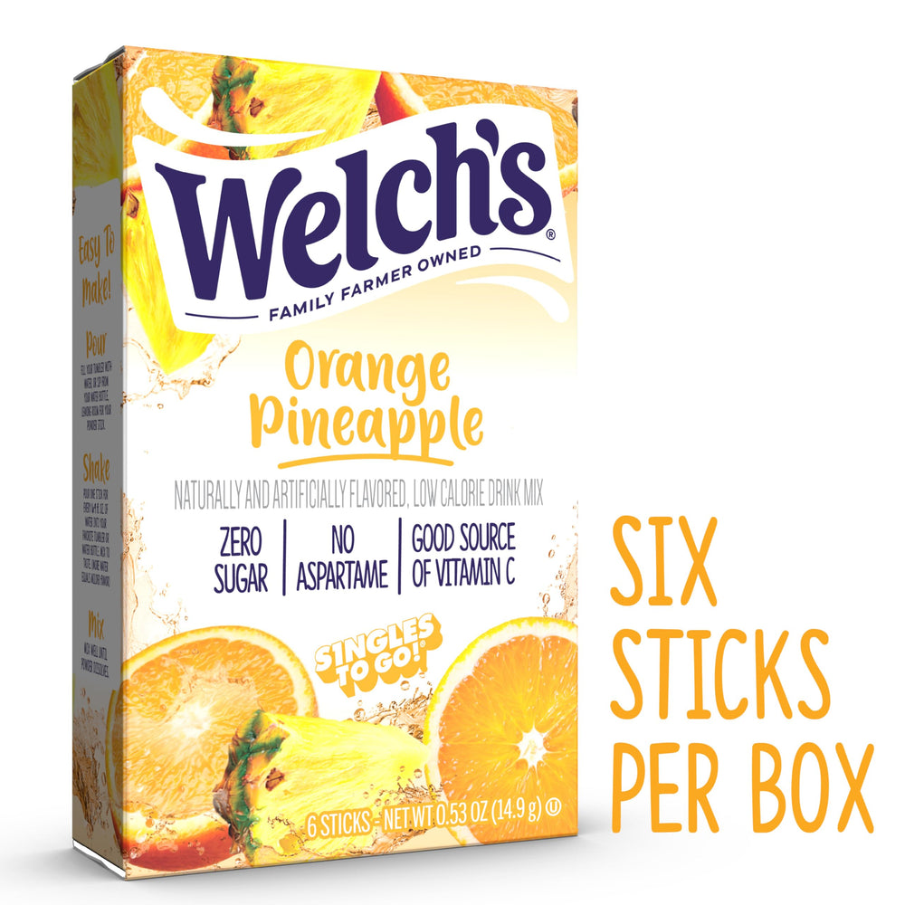 Welch's Singles To Go orange pineapple packets being poured into a water bottle