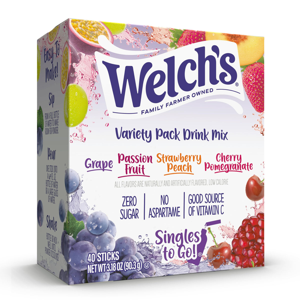 Welch's SINGLES TO GO variety pack box for on-the-go hydration and flavorful water.