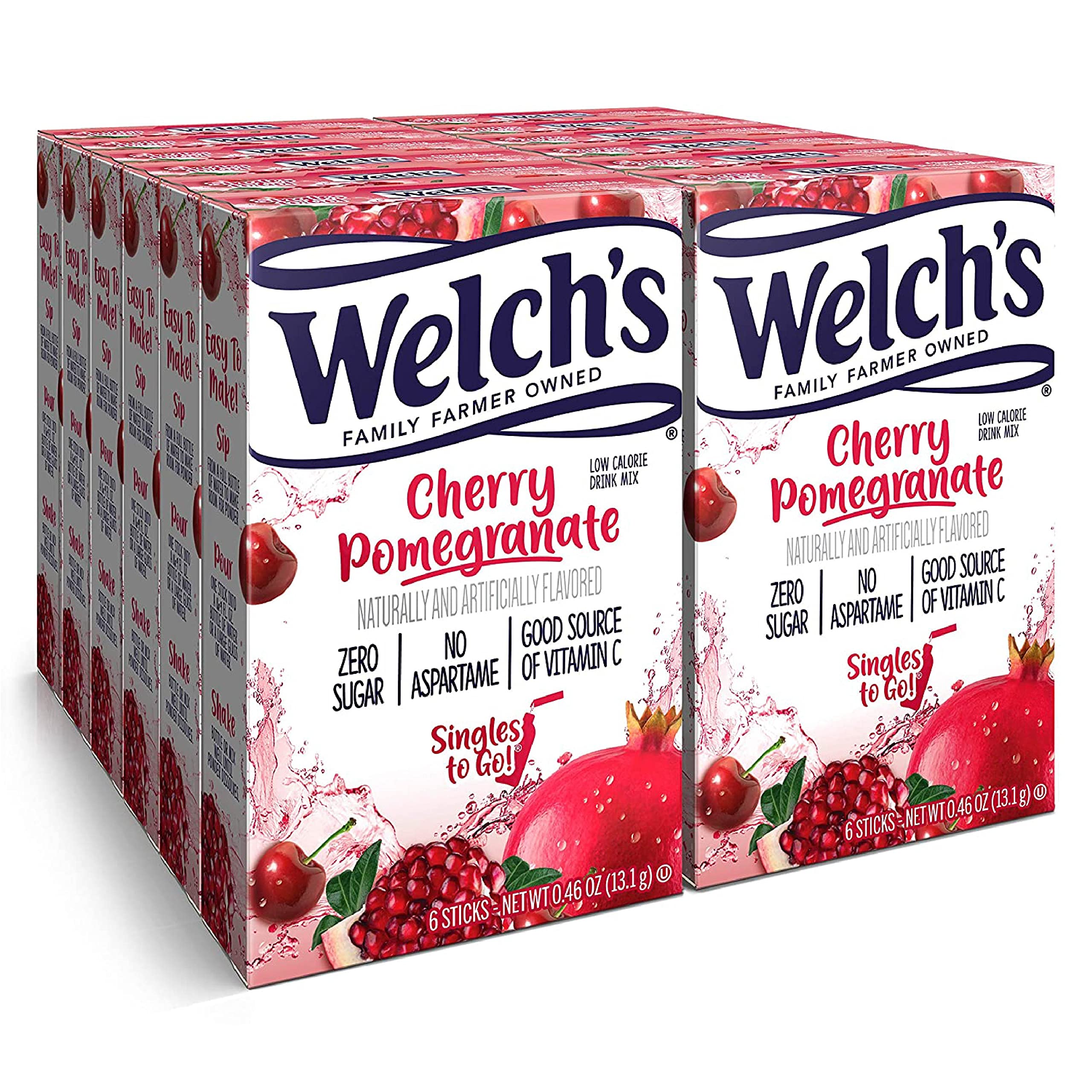 Welch's Singles To Go box front shows cherry-pomegranate flavor and travel-friendly packaging.