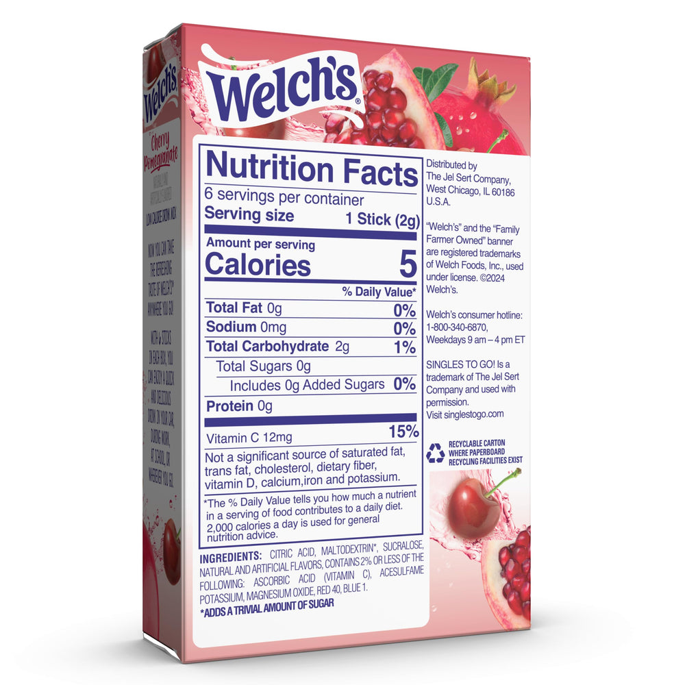 Close-up of Welch's Singles To Go packet, indicating easy-dissolve powder for quick flavor.