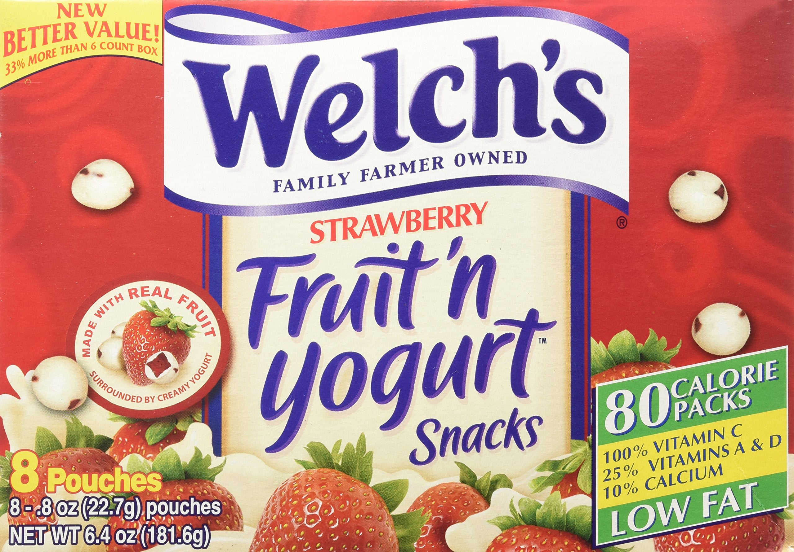 Welch's Strawberry Fruit'n Yogurt Snacks 8-pouch pack shot for on-the-go snacking.