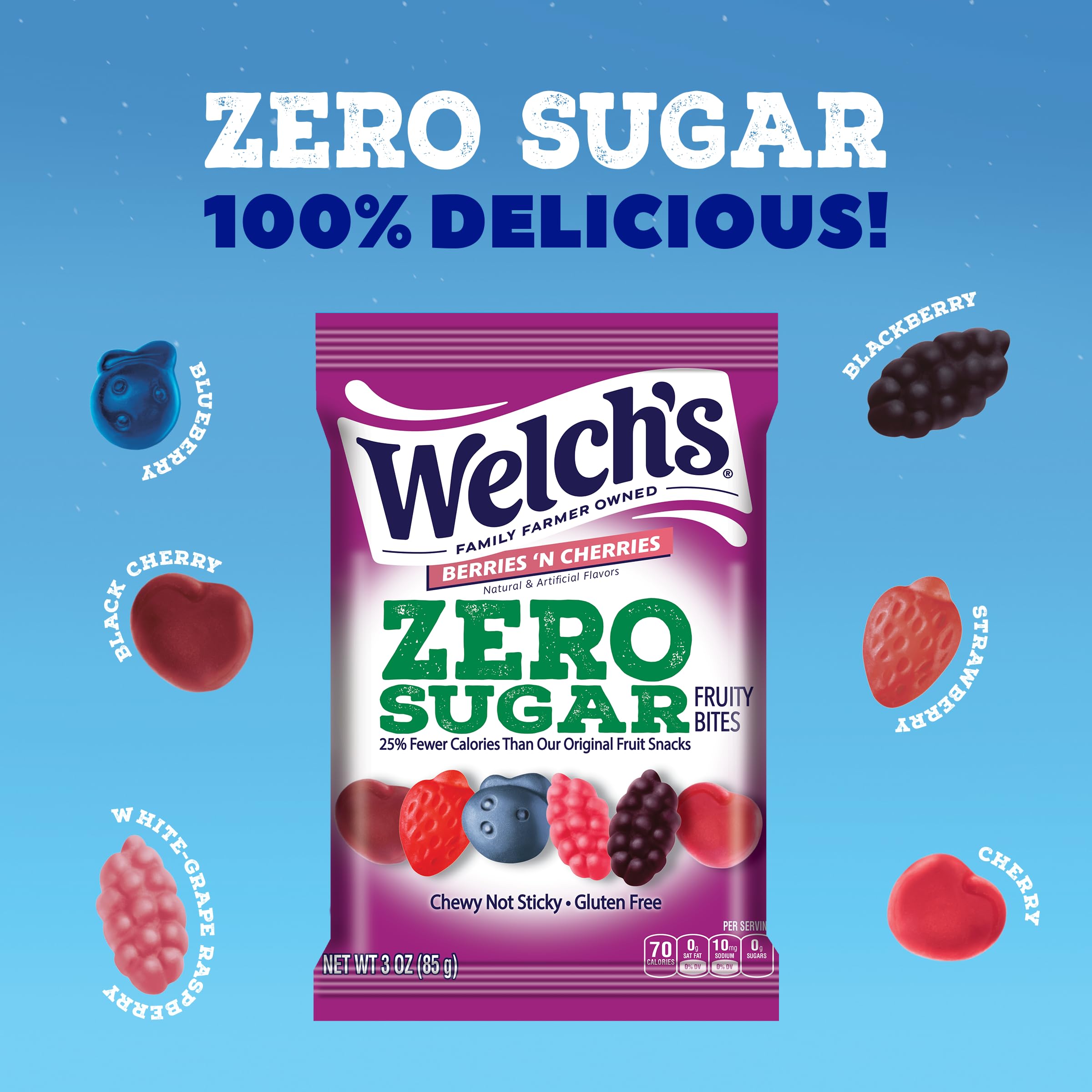 Welch's Zero Sugar Fruity Bites close-up emphasizes chewy berry-cherry pieces.