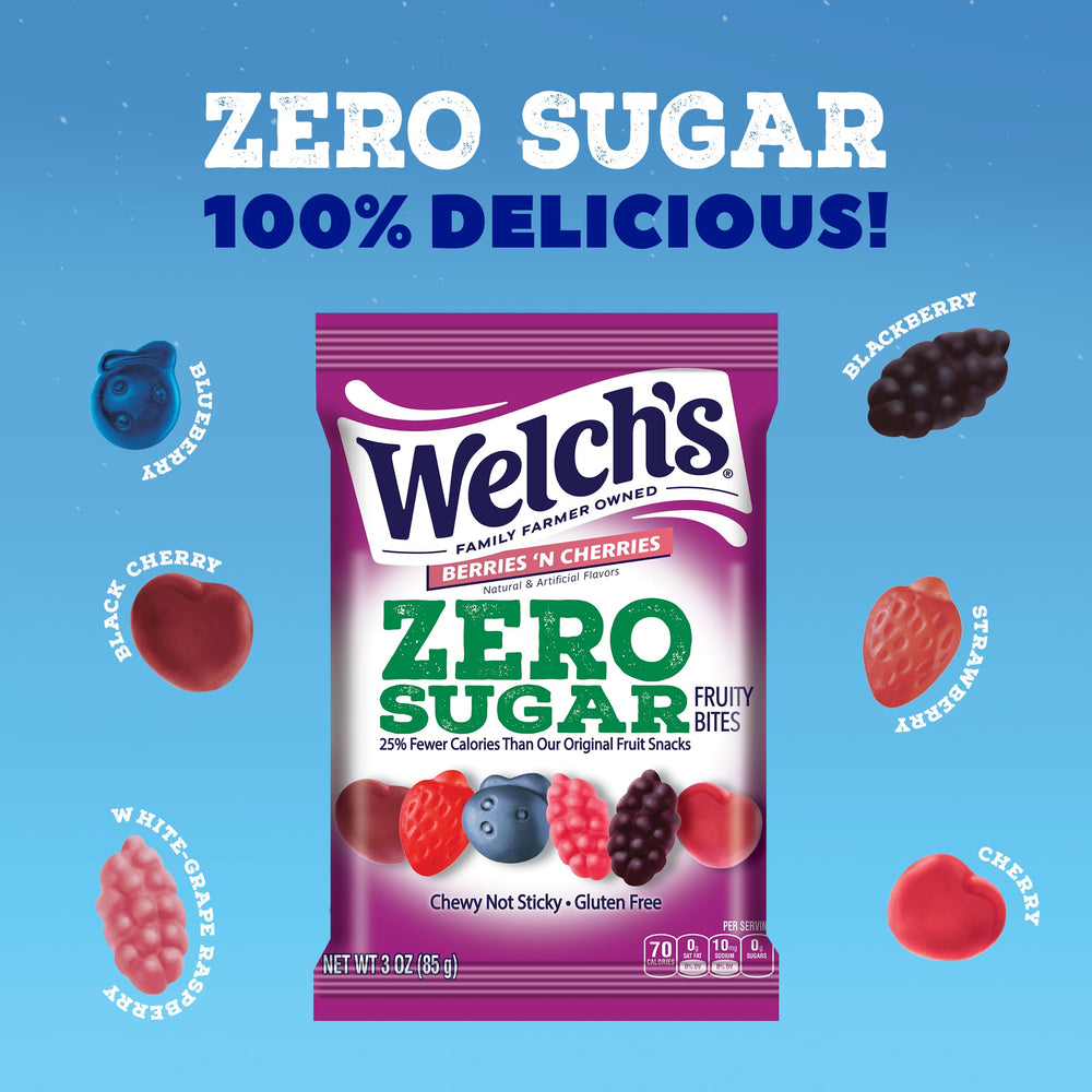 Welch's Zero Sugar Fruity Bites close-up emphasizes chewy berry-cherry pieces.