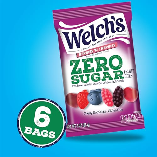 Welch's Zero Sugar Fruity Bites packaging highlighting gluten-free and fat-free attributes.