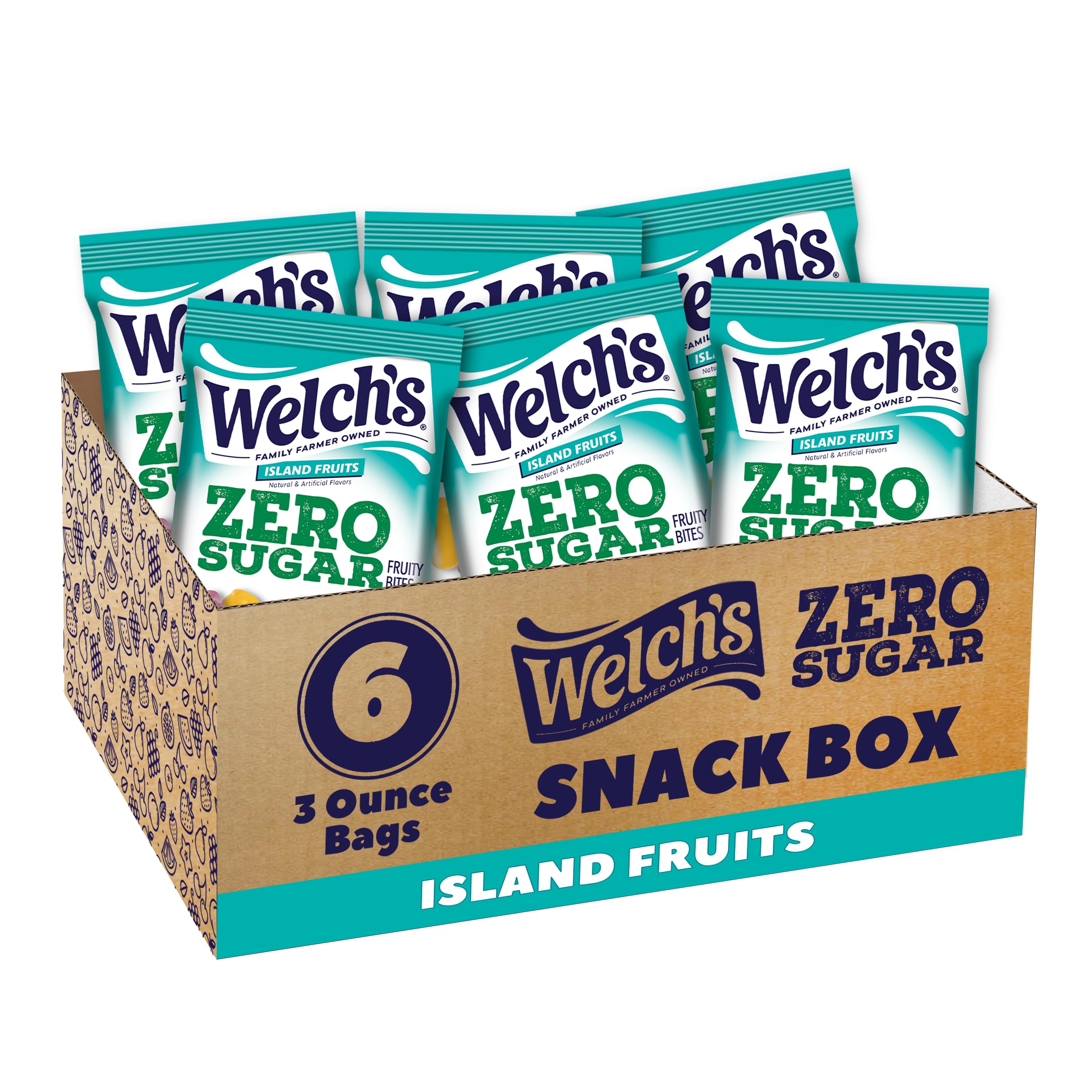 Welch's Zero Sugar Fruity Bites Island Fruits box for gluten-free snacking.