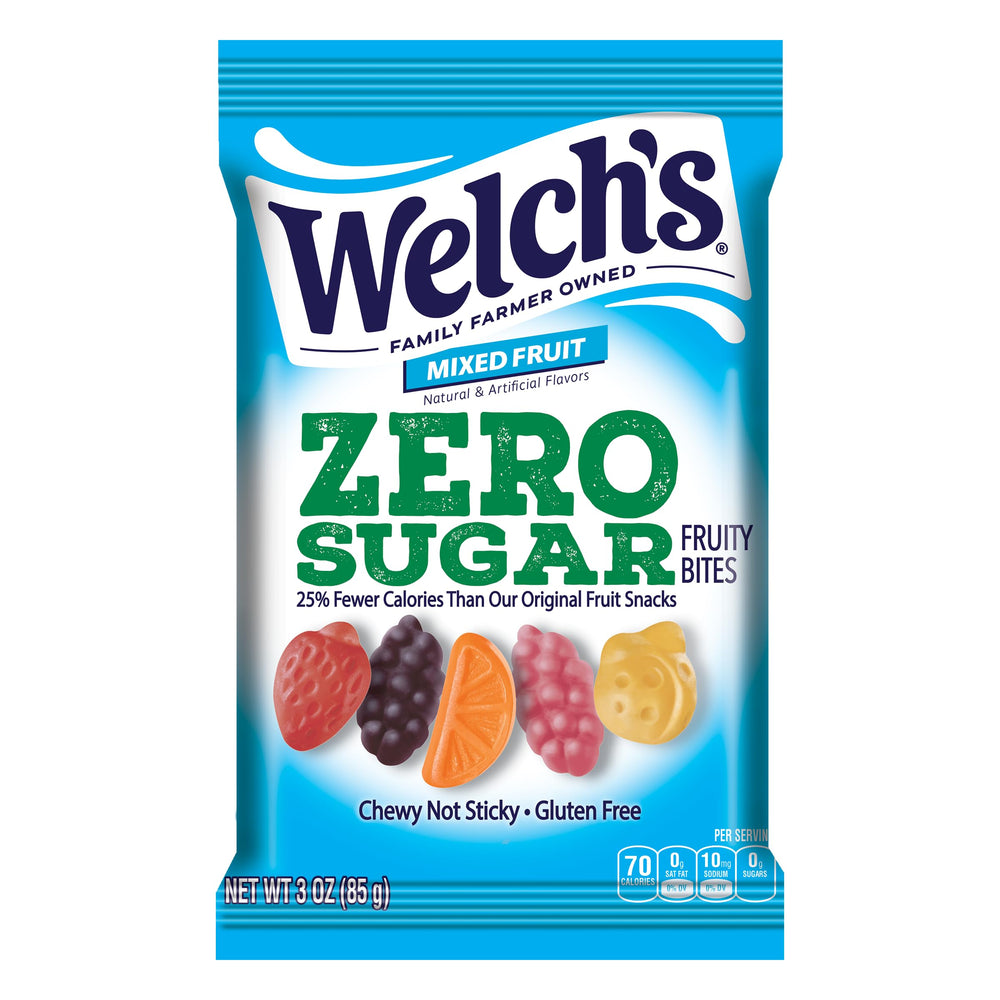 Welch's Zero Sugar Fruity Bites mixed fruit pack, gluten-free and sugar-free for on-the-go.