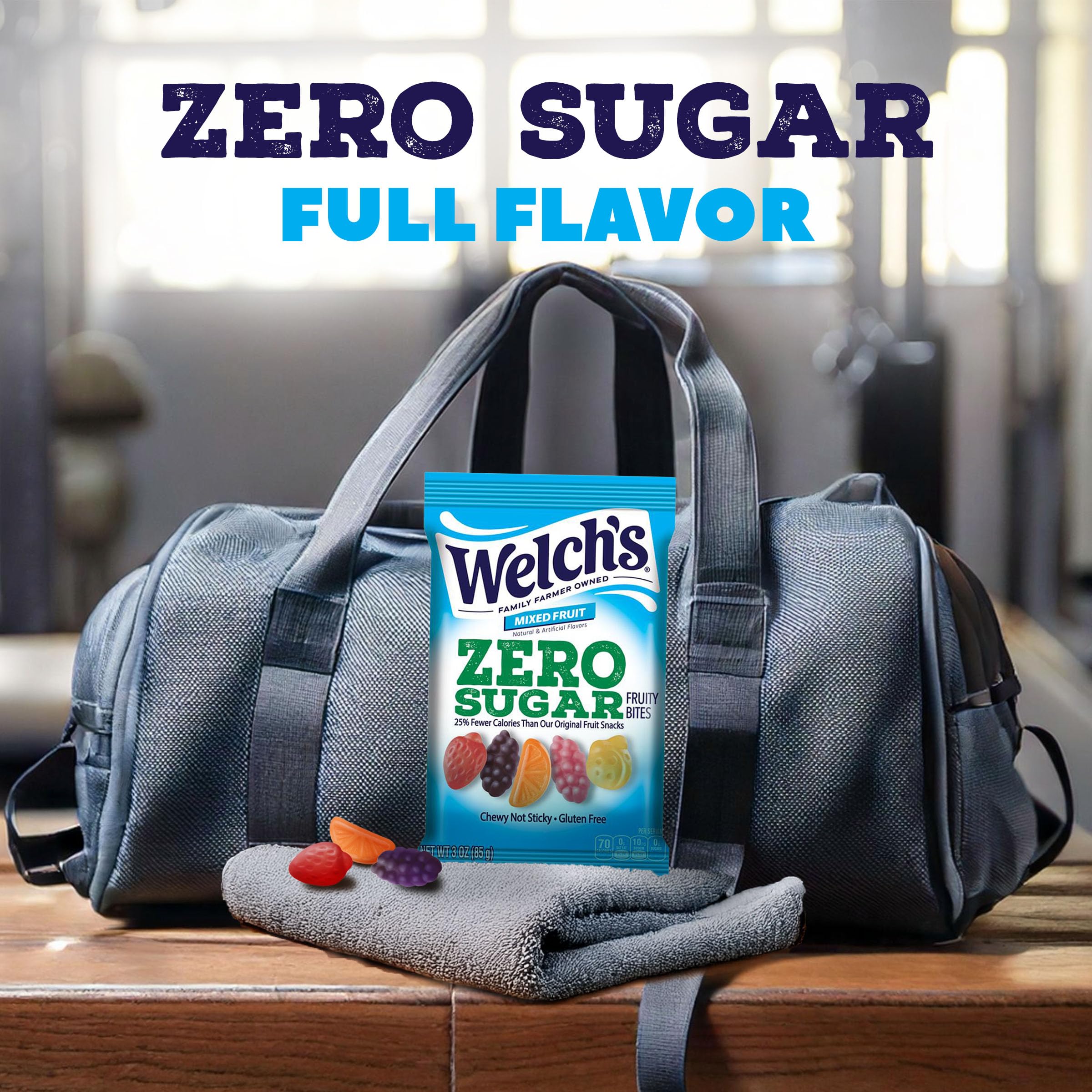 Welch's Zero Sugar Fruity Bites in an office snack setup, zero sugar option.