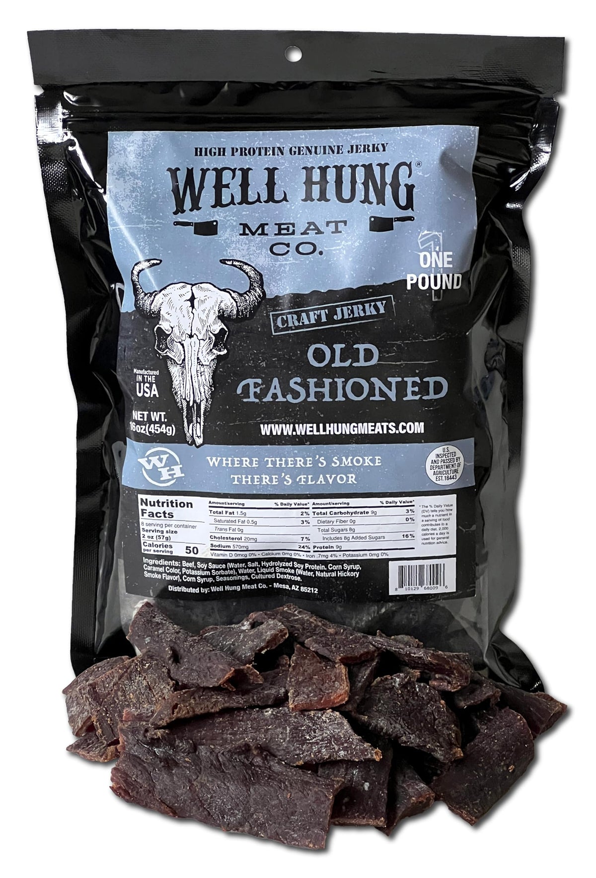 Well Hung Old Fashioned Beef Jerky bag for convenient snacking on the go.