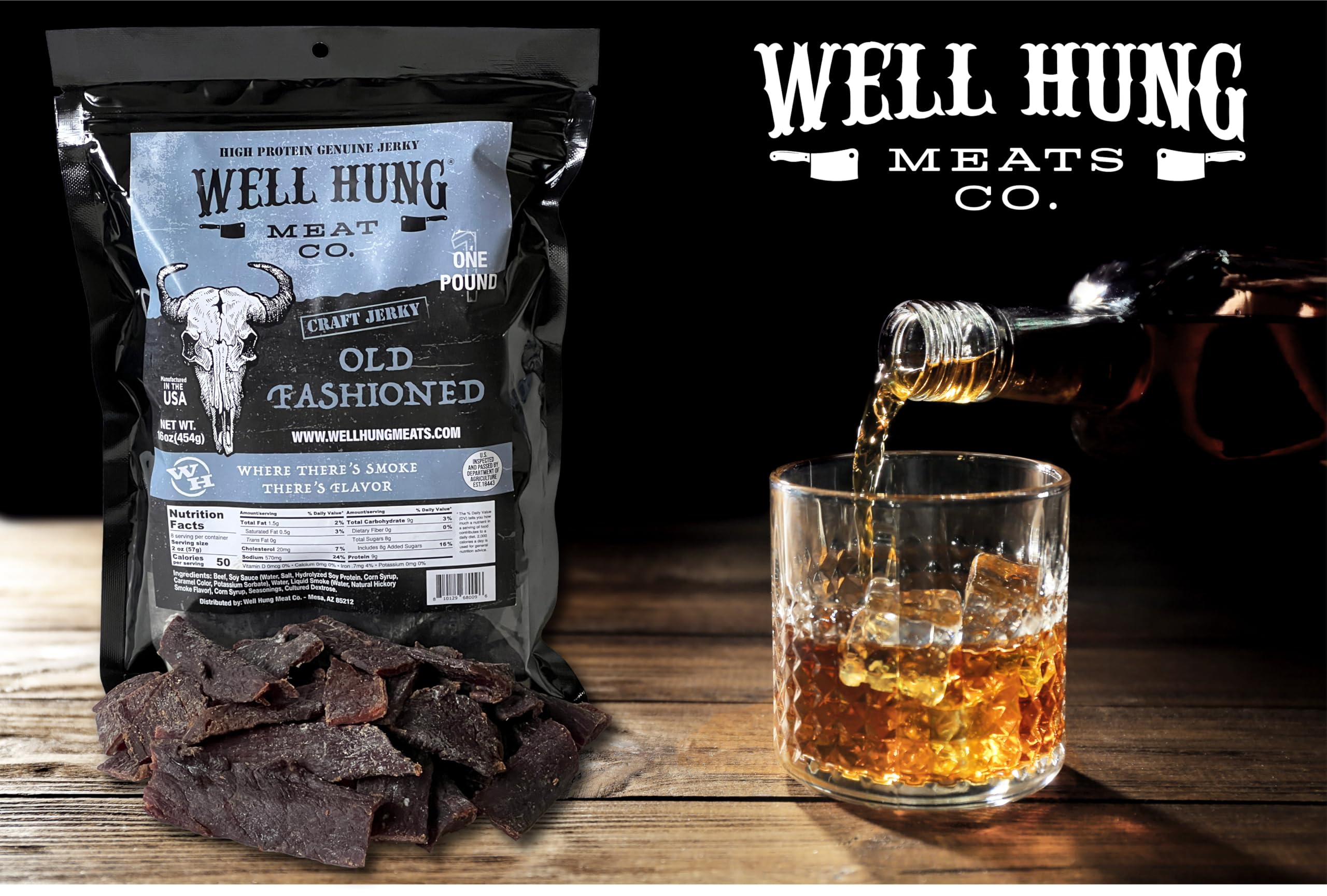 Well Hung Old Fashioned Beef Jerky close-up shows rich texture and smoky aroma.