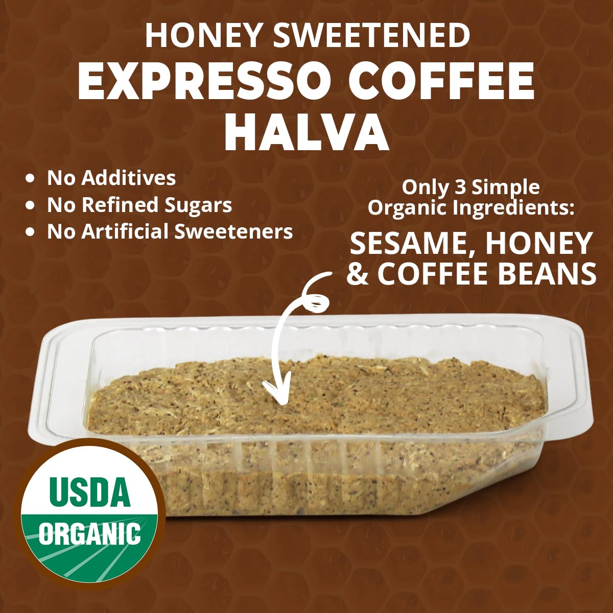 Wellbee's OhGoodness Honey Halva ingredients close-up, showing Organic Sesame and Organic Honey.